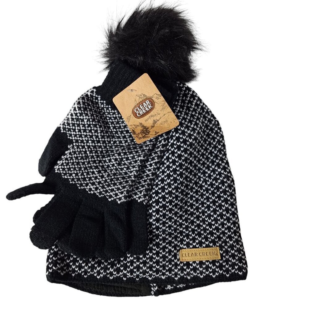 Clear Creek Winter Hat and Gloves Set Black White Knit Faux Fur Pom
